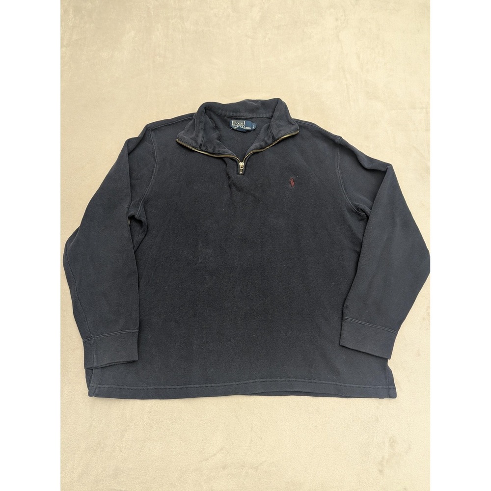 VTG Polo Ralph Lauren Sweater Mens L Blue 1/4 Zip Mock Neck Cotton Pullover Logo
